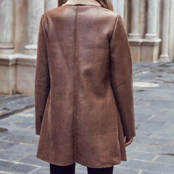 Vegan leather shearling faux fur lined open front jacket coat black cream - Picture 13 of 13